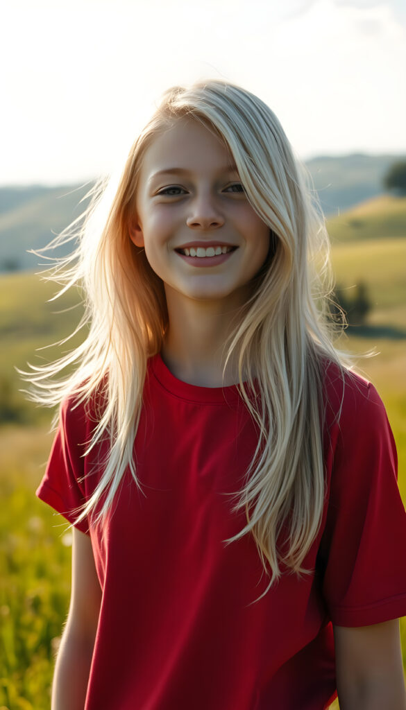 A young Swiss girl with pale skin and shoulder-long, platinum white hair same length right and left, wearing a vibrant deep red t-shirt, stands in a sunlit meadow. Her hair flows gently in the breeze, and her face is lit by a warm, golden glow from the sun, her eyes sparkling with joy. The background features rolling hills with lush green grass and a few scattered trees, creating a serene and idyllic scene. The overall atmosphere is cheerful and inviting, with a soft focus effect enhancing the dreamy quality of the image.