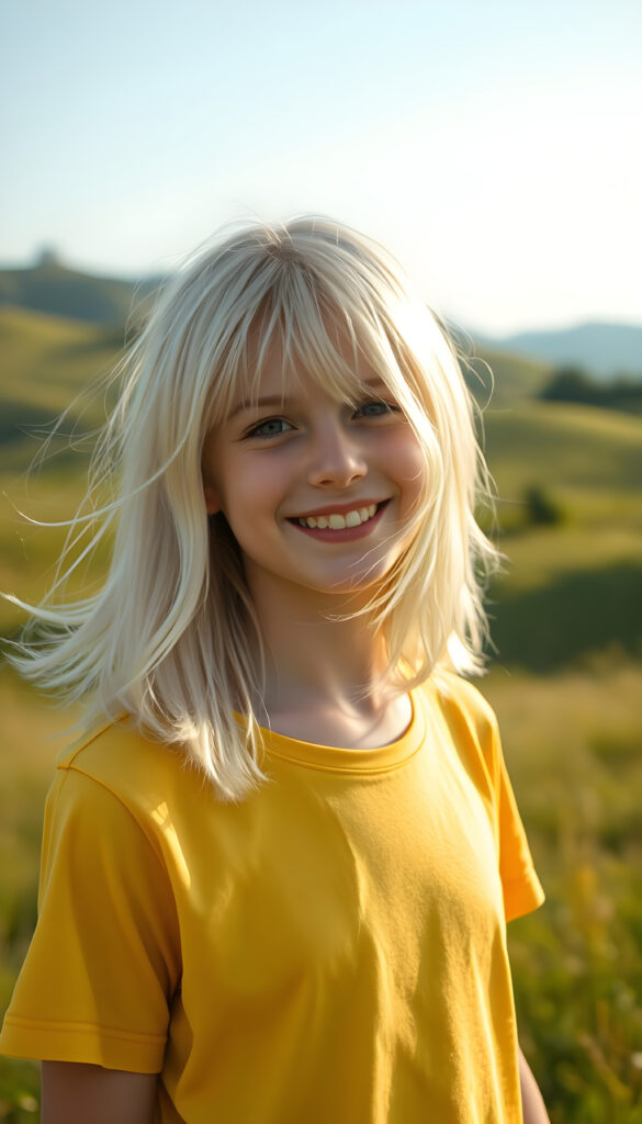 A young Swiss girl with pale skin and shoulder-long, platinum white hair same length right and left, wearing a vibrant yellow t-shirt, stands in a sunlit meadow. Her hair flows gently in the breeze, and her face is lit by a warm, golden glow from the sun, her eyes sparkling with joy. The background features rolling hills with lush green grass and a few scattered trees, creating a serene and idyllic scene. The overall atmosphere is cheerful and inviting, with a soft focus effect enhancing the dreamy quality of the image.