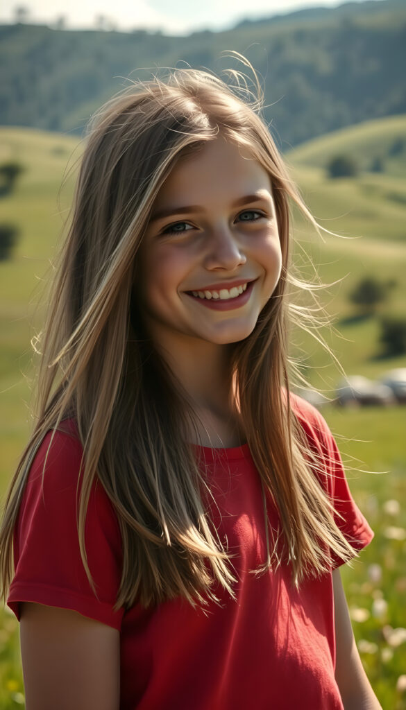 A young Swiss girl with pale skin and long, brown hair same length right and left, wearing a vibrant deep red t-shirt, stands in a sunlit meadow. Her hair flows gently in the breeze, and her face is lit by a warm, golden glow from the sun, her eyes sparkling with joy. The background features rolling hills with lush green grass and a few scattered trees, creating a serene and idyllic scene. The overall atmosphere is cheerful and inviting, with a soft focus effect enhancing the dreamy quality of the image.