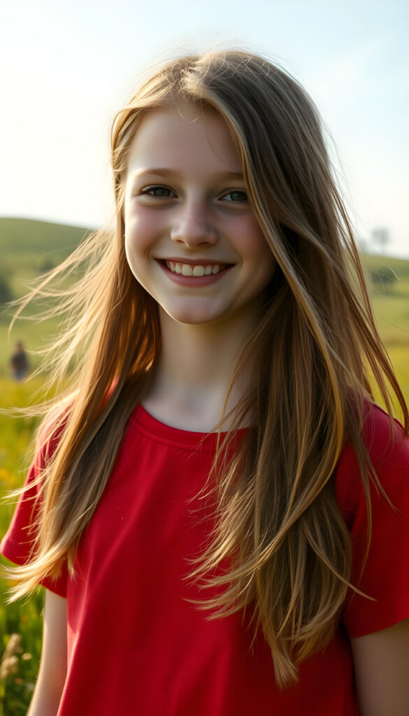 A young Swiss girl with pale skin and long, brown hair same length right and left, wearing a vibrant deep red t-shirt, stands in a sunlit meadow. Her hair flows gently in the breeze, and her face is lit by a warm, golden glow from the sun, her eyes sparkling with joy. The background features rolling hills with lush green grass and a few scattered trees, creating a serene and idyllic scene. The overall atmosphere is cheerful and inviting, with a soft focus effect enhancing the dreamy quality of the image.