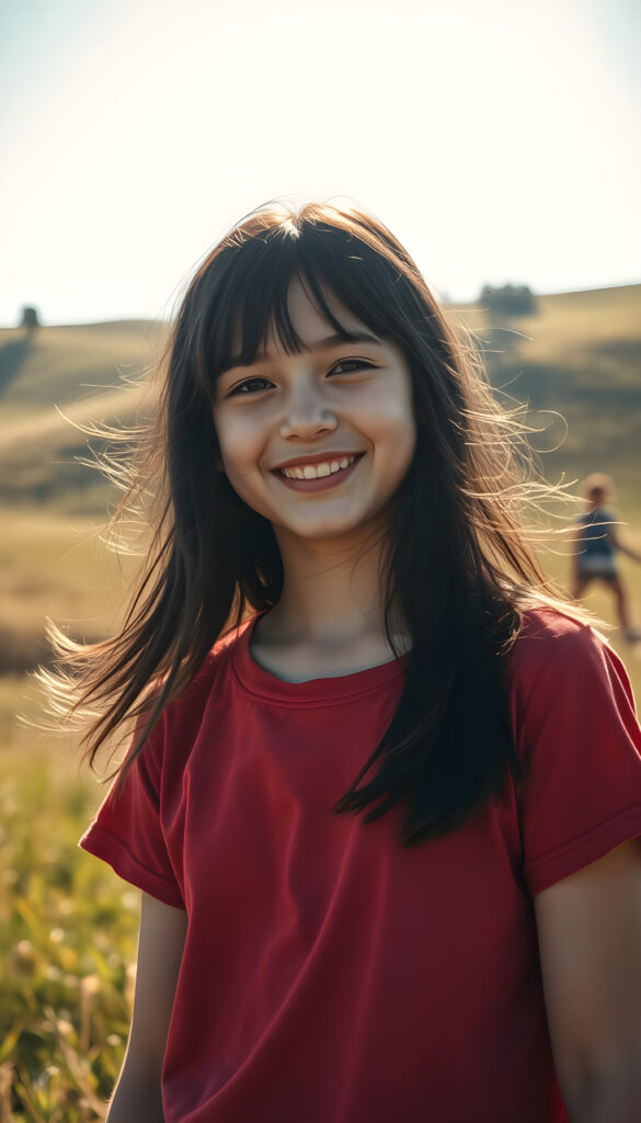 A young Swiss girl with pale skin and black hair same length right and left, wearing a vibrant deep red t-shirt, stands in a sunlit meadow. Her hair flows gently in the breeze, and her face is lit by a warm, golden glow from the sun, her eyes sparkling with joy. The background features rolling hills with lush green grass and a few scattered trees, creating a serene and idyllic scene. The overall atmosphere is cheerful and inviting, with a soft focus effect enhancing the dreamy quality of the image.