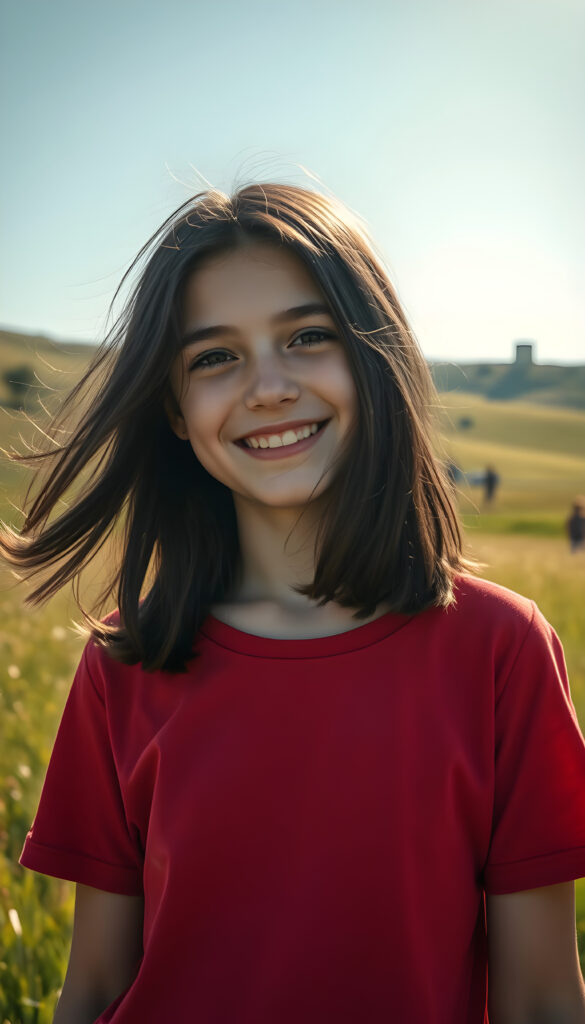A young Swiss girl with pale skin and black hair same length right and left, wearing a vibrant deep red t-shirt, stands in a sunlit meadow. Her hair flows gently in the breeze, and her face is lit by a warm, golden glow from the sun, her eyes sparkling with joy. The background features rolling hills with lush green grass and a few scattered trees, creating a serene and idyllic scene. The overall atmosphere is cheerful and inviting, with a soft focus effect enhancing the dreamy quality of the image.