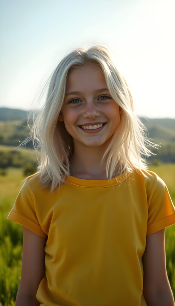 A young Swiss girl with pale skin and shoulder-long, platinum white hair same length right and left, wearing a vibrant yellow t-shirt, stands in a sunlit meadow. Her hair flows gently in the breeze, and her face is lit by a warm, golden glow from the sun, her eyes sparkling with joy. The background features rolling hills with lush green grass and a few scattered trees, creating a serene and idyllic scene. The overall atmosphere is cheerful and inviting, with a soft focus effect enhancing the dreamy quality of the image.