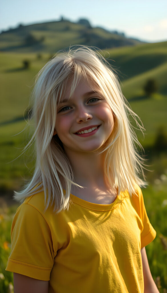 A young Swiss girl with pale skin and shoulder-long, platinum white hair same length right and left, wearing a vibrant yellow t-shirt, stands in a sunlit meadow. Her hair flows gently in the breeze, and her face is lit by a warm, golden glow from the sun, her eyes sparkling with joy. The background features rolling hills with lush green grass and a few scattered trees, creating a serene and idyllic scene. The overall atmosphere is cheerful and inviting, with a soft focus effect enhancing the dreamy quality of the image.