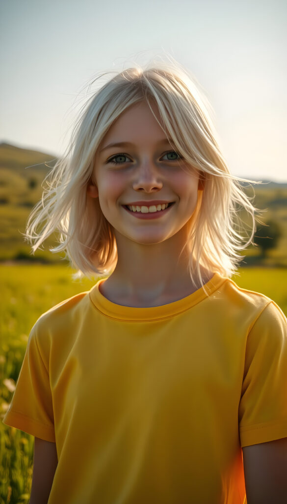 A young Swiss girl with pale skin and shoulder-long, platinum white hair same length right and left, wearing a vibrant yellow t-shirt, stands in a sunlit meadow. Her hair flows gently in the breeze, and her face is lit by a warm, golden glow from the sun, her eyes sparkling with joy. The background features rolling hills with lush green grass and a few scattered trees, creating a serene and idyllic scene. The overall atmosphere is cheerful and inviting, with a soft focus effect enhancing the dreamy quality of the image.