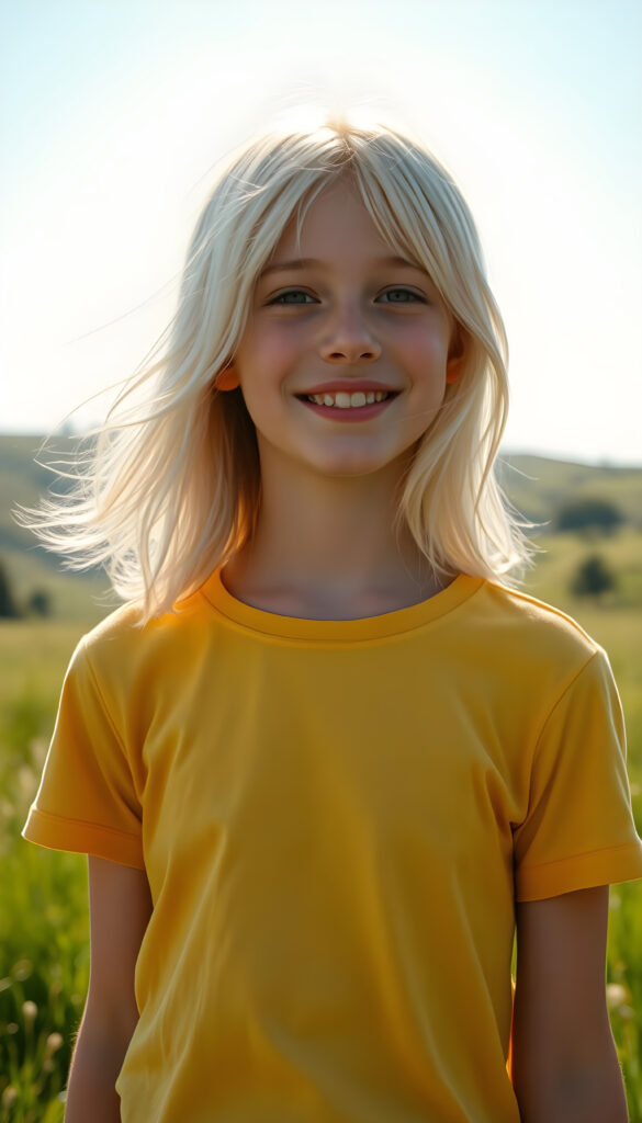 A young Swiss girl with pale skin and shoulder-long, platinum white hair same length right and left, wearing a vibrant yellow t-shirt, stands in a sunlit meadow. Her hair flows gently in the breeze, and her face is lit by a warm, golden glow from the sun, her eyes sparkling with joy. The background features rolling hills with lush green grass and a few scattered trees, creating a serene and idyllic scene. The overall atmosphere is cheerful and inviting, with a soft focus effect enhancing the dreamy quality of the image.