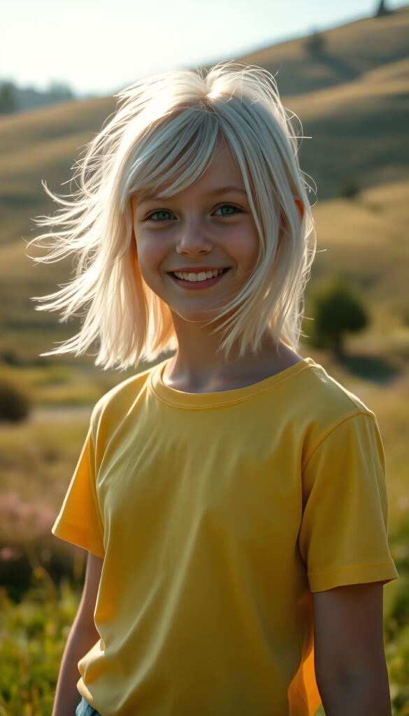 A young Swiss girl with pale skin and shoulder-long, platinum white hair same length right and left, wearing a vibrant yellow t-shirt, stands in a sunlit meadow. Her hair flows gently in the breeze, and her face is lit by a warm, golden glow from the sun, her eyes sparkling with joy. The background features rolling hills with lush green grass and a few scattered trees, creating a serene and idyllic scene. The overall atmosphere is cheerful and inviting, with a soft focus effect enhancing the dreamy quality of the image.