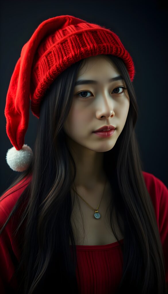 A young, adult Asian woman with long black hair and a red Christmas hat. Empty dark backdrop. Realistic, 4k and HDR.