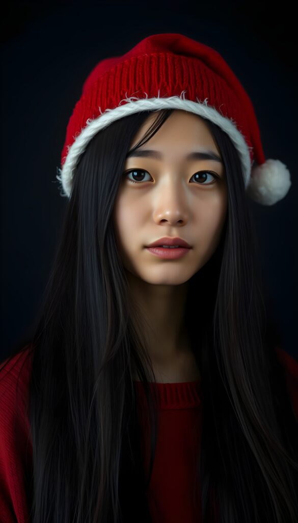 A young, adult Asian woman with long black hair and a red Christmas hat. Empty dark backdrop. Realistic, 4k and HDR.