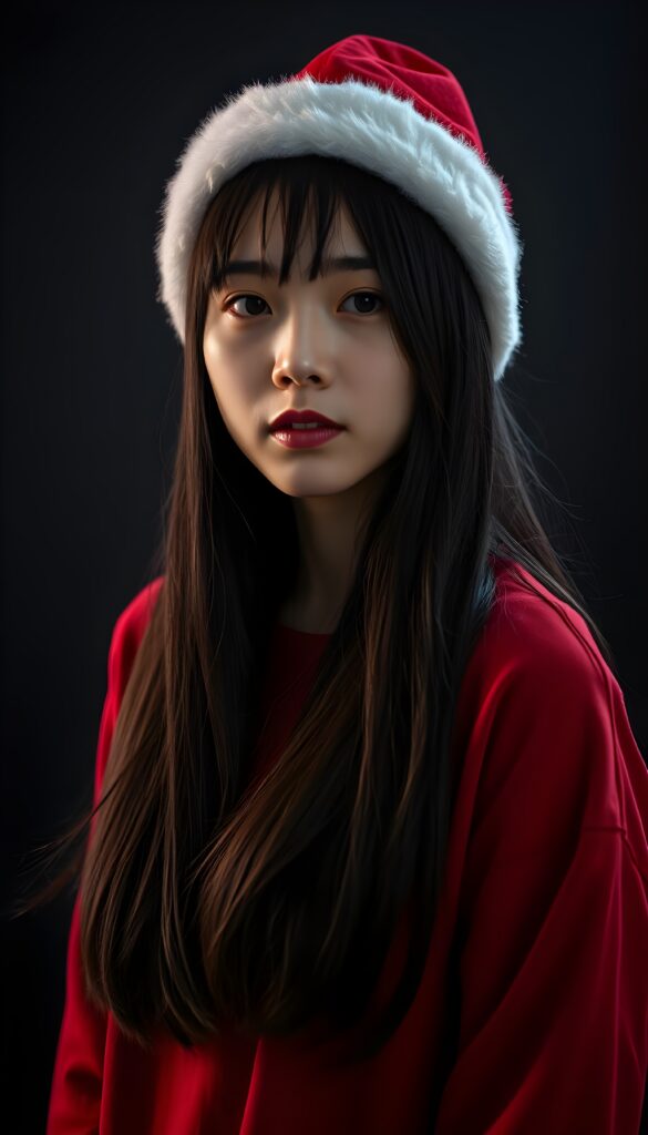 A young, adult Asian woman with long black hair and a red Christmas hat. Empty dark backdrop. Realistic, 4k and HDR.