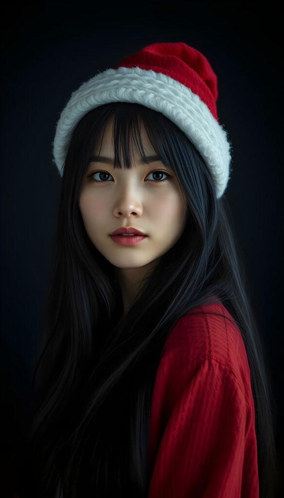 A young, adult Asian woman with long black hair and a red Christmas hat. Empty dark backdrop. Realistic, 4k and HDR.