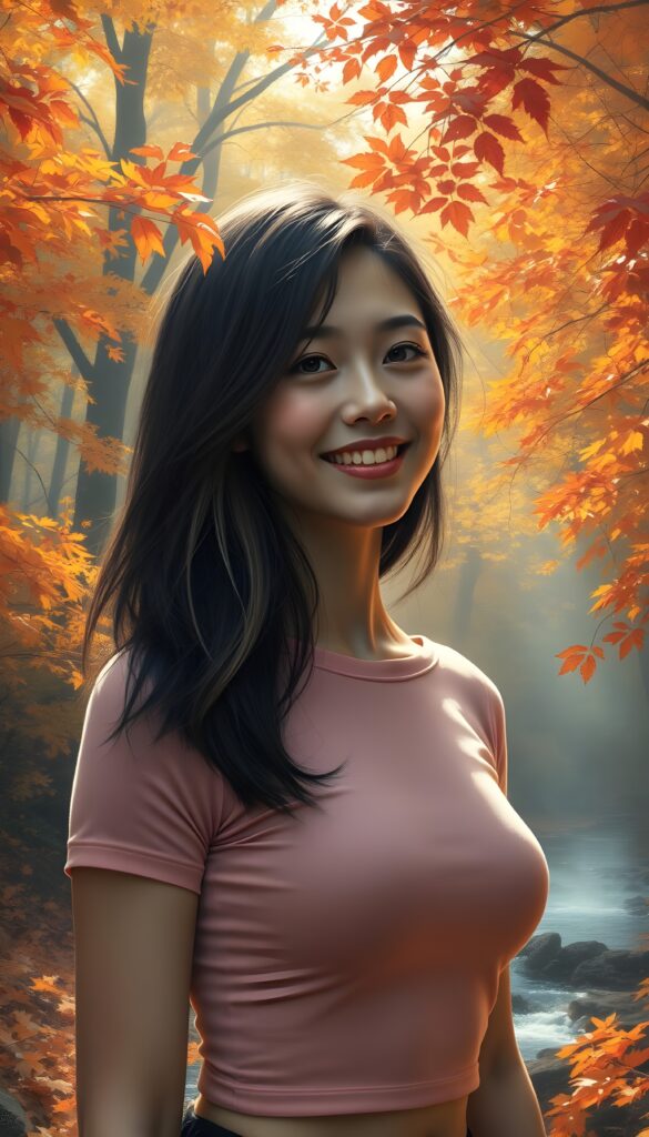 A young adult busty girl with a radiant smile, standing against a backdrop of vibrant autumn trees, her raven black hair with blond highlights cascading like a waterfall, perfect symmetrical bob cut, she is wearing a thin tight pink cropped plain t-shirt made of fine wool, with intricate details on her face and a serene expression, as sunlight filters through the leaves, casting a warm, golden glow. The scene is set in a magical forest with a soft, ethereal quality. The trees are ablaze with autumn colors, from deep crimson to golden yellow, and the ground is covered in a blanket of fallen leaves. A gentle mist hovers over a serene stream, adding to the mystical atmosphere. The overall composition is dynamic, with a sense of movement and life, as if the leaves and branches are dancing in the breeze. The lighting is soft and golden, creating a warm and inviting scene.