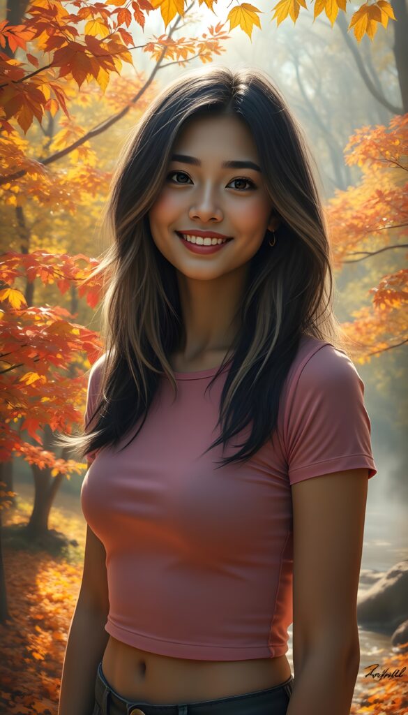 A young adult busty girl with a radiant smile, standing against a backdrop of vibrant autumn trees, her raven black hair with blond highlights cascading like a waterfall, perfect symmetrical bob cut, she is wearing a thin tight pink cropped plain t-shirt made of fine wool, with intricate details on her face and a serene expression, as sunlight filters through the leaves, casting a warm, golden glow. The scene is set in a magical forest with a soft, ethereal quality. The trees are ablaze with autumn colors, from deep crimson to golden yellow, and the ground is covered in a blanket of fallen leaves. A gentle mist hovers over a serene stream, adding to the mystical atmosphere. The overall composition is dynamic, with a sense of movement and life, as if the leaves and branches are dancing in the breeze. The lighting is soft and golden, creating a warm and inviting scene.