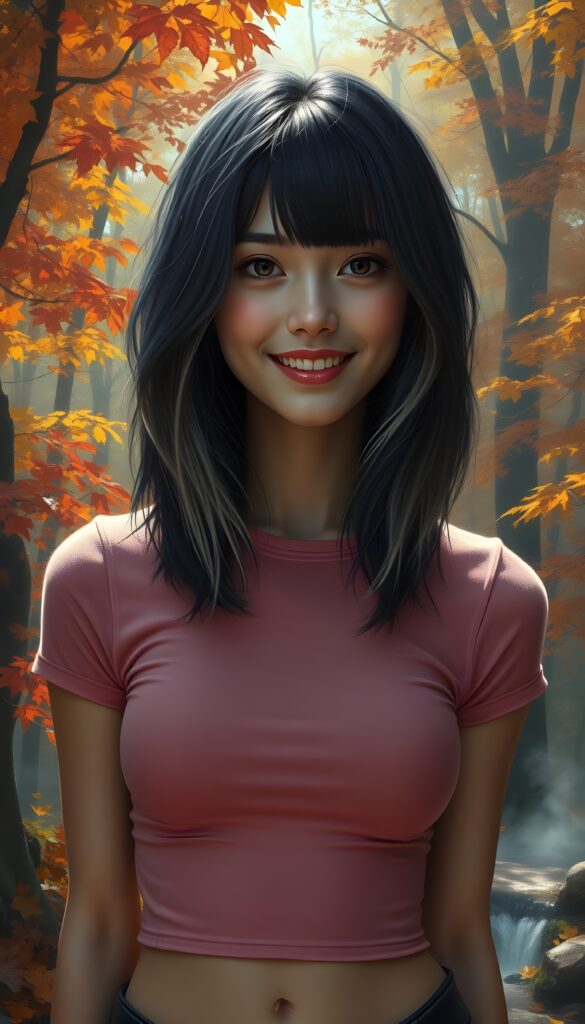 A young adult busty girl with a radiant smile, standing against a backdrop of vibrant autumn trees, her raven black hair with blond highlights cascading like a waterfall, perfect symmetrical bob cut, she is wearing a thin tight pink cropped plain t-shirt made of fine wool, with intricate details on her face and a serene expression, as sunlight filters through the leaves, casting a warm, golden glow. The scene is set in a magical forest with a soft, ethereal quality. The trees are ablaze with autumn colors, from deep crimson to golden yellow, and the ground is covered in a blanket of fallen leaves. A gentle mist hovers over a serene stream, adding to the mystical atmosphere. The overall composition is dynamic, with a sense of movement and life, as if the leaves and branches are dancing in the breeze. The lighting is soft and golden, creating a warm and inviting scene.