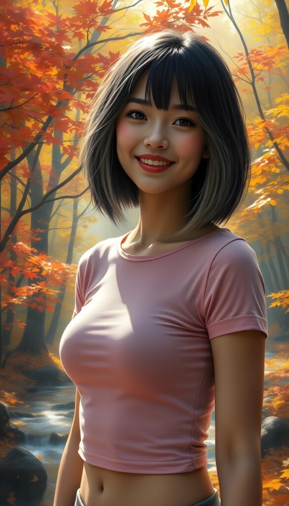 A young adult busty girl with a radiant smile, standing against a backdrop of vibrant autumn trees, her raven black hair with blond highlights cascading like a waterfall, perfect symmetrical bob cut, she is wearing a thin tight pink cropped plain t-shirt made of fine wool, with intricate details on her face and a serene expression, as sunlight filters through the leaves, casting a warm, golden glow. The scene is set in a magical forest with a soft, ethereal quality. The trees are ablaze with autumn colors, from deep crimson to golden yellow, and the ground is covered in a blanket of fallen leaves. A gentle mist hovers over a serene stream, adding to the mystical atmosphere. The overall composition is dynamic, with a sense of movement and life, as if the leaves and branches are dancing in the breeze. The lighting is soft and golden, creating a warm and inviting scene.