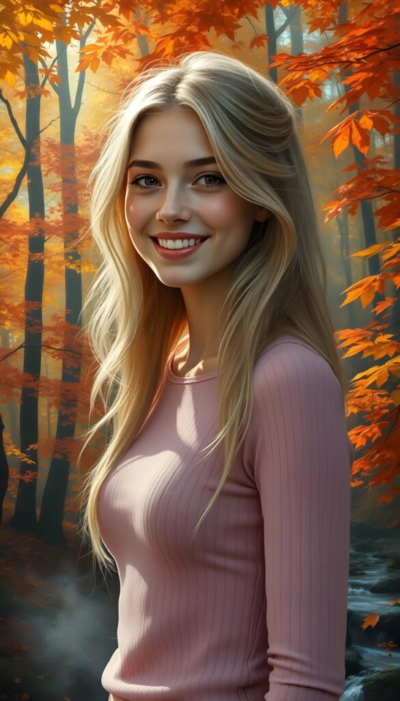 A young adult busty girl with a radiant smile, standing against a backdrop of vibrant autumn trees, her golden hair cascading like a waterfall, wearing a thin tight pink plain chiffon sweater, with intricate details on her face and a serene expression, as sunlight filters through the leaves, casting a warm, golden glow. The scene is set in a magical forest with a soft, ethereal quality. The trees are ablaze with autumn colors, from deep crimson to golden yellow, and the ground is covered in a blanket of fallen leaves. A gentle mist hovers over a serene stream, adding to the mystical atmosphere. The overall composition is dynamic, with a sense of movement and life, as if the leaves and branches are dancing in the breeze. The lighting is soft and golden, creating a warm and inviting scene.
