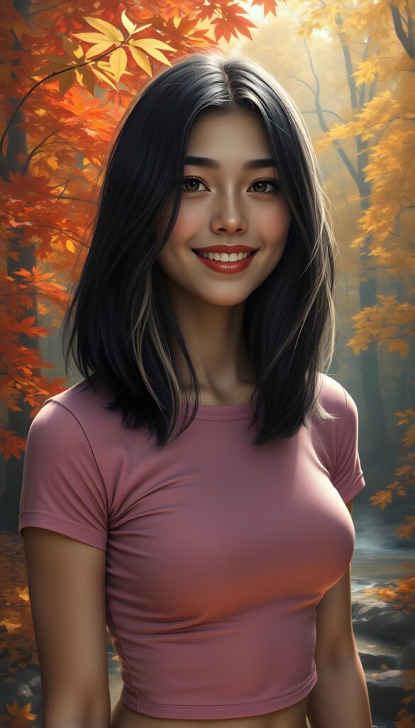 A young adult busty girl with a radiant smile, standing against a backdrop of vibrant autumn trees, her raven black hair with blond highlights cascading like a waterfall, perfect symmetrical bob cut, she is wearing a thin tight pink cropped plain t-shirt made of fine wool, with intricate details on her face and a serene expression, as sunlight filters through the leaves, casting a warm, golden glow. The scene is set in a magical forest with a soft, ethereal quality. The trees are ablaze with autumn colors, from deep crimson to golden yellow, and the ground is covered in a blanket of fallen leaves. A gentle mist hovers over a serene stream, adding to the mystical atmosphere. The overall composition is dynamic, with a sense of movement and life, as if the leaves and branches are dancing in the breeze. The lighting is soft and golden, creating a warm and inviting scene.
