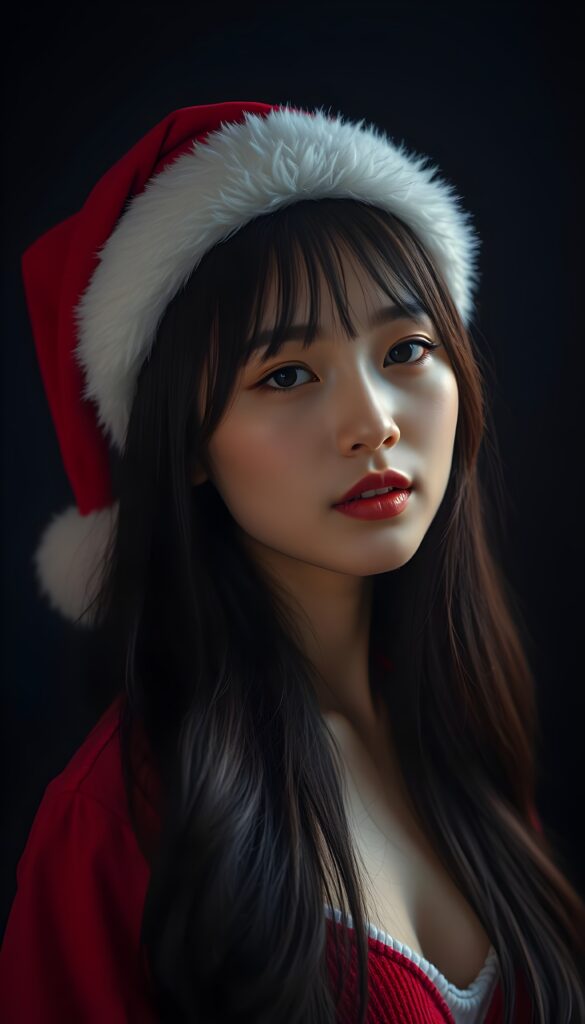 A young, adult Asian woman with long black hair and a red Christmas hat. Empty dark backdrop. Realistic, 4k and HDR.