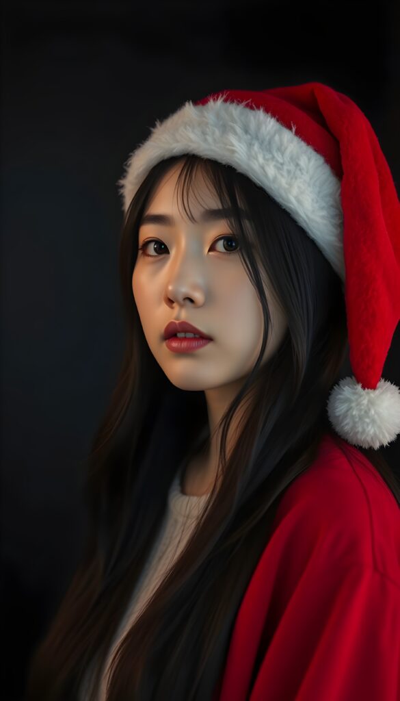 A young, adult Asian woman with long black hair and a red Christmas hat. Empty dark backdrop. Realistic, 4k and HDR.