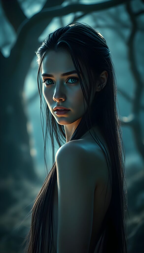 A young adult female girl with identical, piercing blue eyes gazes intensely at the viewer. Her long, straight black hair flows gracefully down her back, contrasting against the soft, ethereal glow of her wet skin. The setting is a mystical, moonlit forest. Ethereal mist swirls around her, adding an otherworldly ambiance. The light is soft and diffuse, highlighting her features with a magical, almost iridescent quality. She stands confidently, surrounded by ancient trees with twisted branches that reach toward the night sky, creating a sense of mystery and enchantment.
