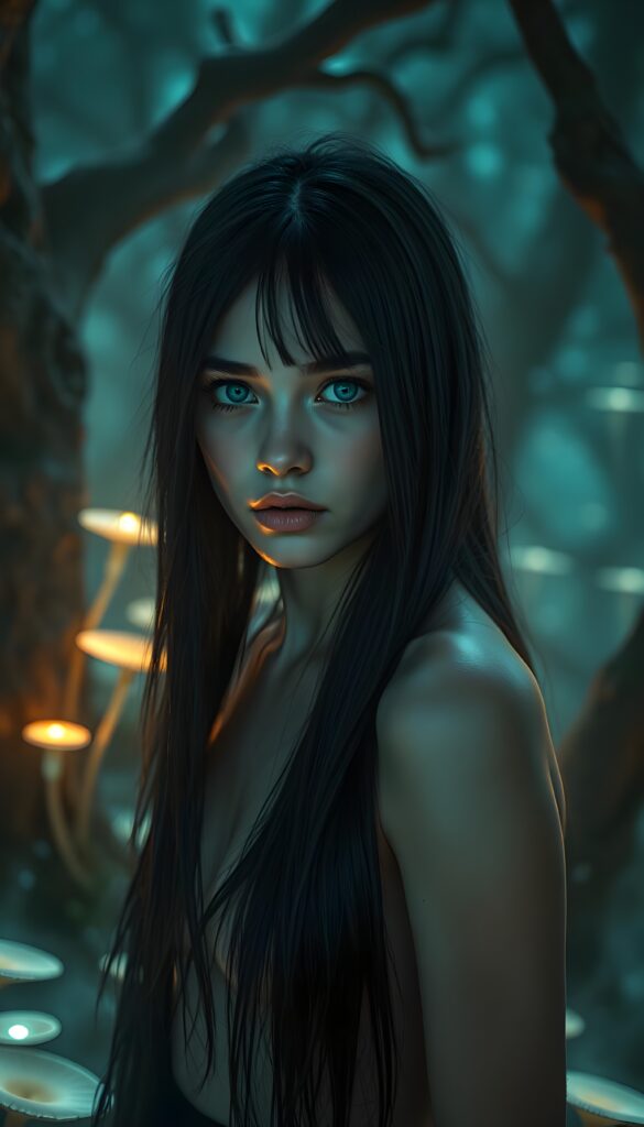 A young adult female girl with identical, piercing blue eyes gazes intensely at the viewer. Her long, straight black hair flows gracefully down her back, contrasting against the soft, ethereal glow of her wet skin. The setting is a mystical, moonlit forest. Ethereal mist swirls around her, adding an otherworldly ambiance. The light is soft and diffuse, highlighting her features with a magical, almost iridescent quality. She stands confidently, surrounded by ancient trees with twisted branches that reach toward the night sky, creating a sense of mystery and enchantment.