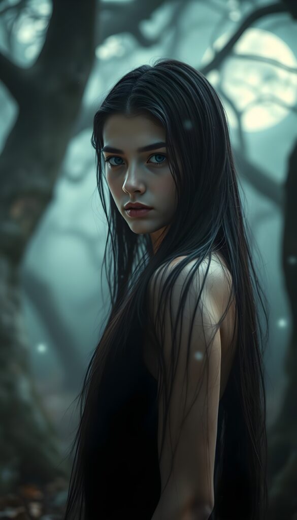A young adult female girl with identical, piercing blue eyes gazes intensely at the viewer. Her long, straight black hair flows gracefully down her back, contrasting against the soft, ethereal glow of her wet skin. The setting is a mystical, moonlit forest. Ethereal mist swirls around her, adding an otherworldly ambiance. The light is soft and diffuse, highlighting her features with a magical, almost iridescent quality. She stands confidently, surrounded by ancient trees with twisted branches that reach toward the night sky, creating a sense of mystery and enchantment.