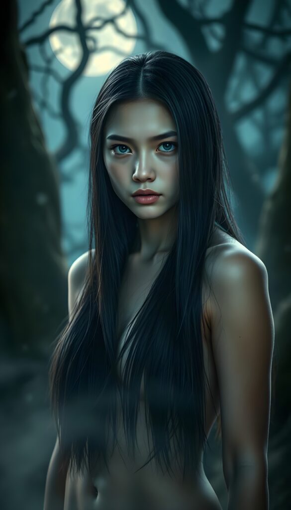 A young adult female girl with identical, piercing blue eyes gazes intensely at the viewer. Her long, straight black hair flows gracefully down her back, contrasting against the soft, ethereal glow of her wet skin. The setting is a mystical, moonlit forest. Ethereal mist swirls around her, adding an otherworldly ambiance. The light is soft and diffuse, highlighting her features with a magical, almost iridescent quality. She stands confidently, surrounded by ancient trees with twisted branches that reach toward the night sky, creating a sense of mystery and enchantment.