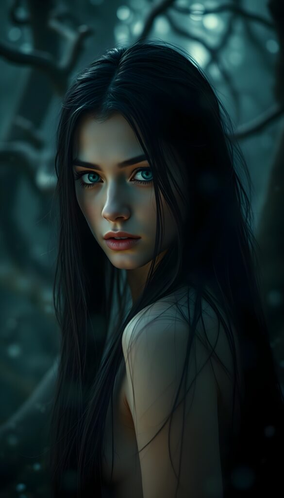 A young adult female girl with identical, piercing blue eyes gazes intensely at the viewer. Her long, straight black hair flows gracefully down her back, contrasting against the soft, ethereal glow of her wet skin. The setting is a mystical, moonlit forest. Ethereal mist swirls around her, adding an otherworldly ambiance. The light is soft and diffuse, highlighting her features with a magical, almost iridescent quality. She stands confidently, surrounded by ancient trees with twisted branches that reach toward the night sky, creating a sense of mystery and enchantment.