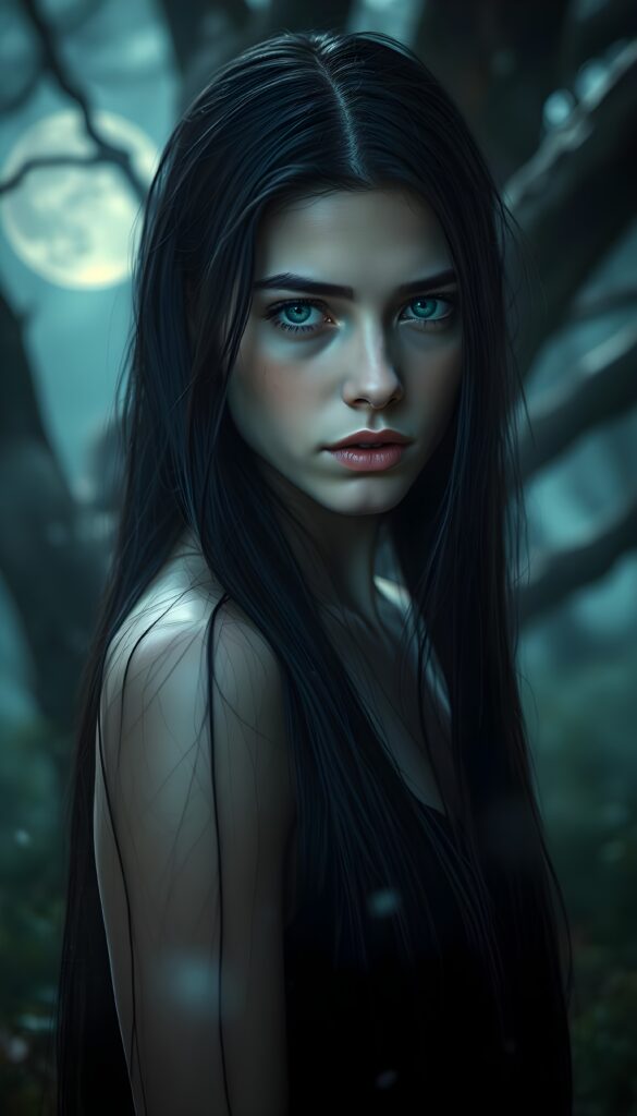 A young adult female girl with identical, piercing blue eyes gazes intensely at the viewer. Her long, straight black hair flows gracefully down her back, contrasting against the soft, ethereal glow of her wet skin. The setting is a mystical, moonlit forest. Ethereal mist swirls around her, adding an otherworldly ambiance. The light is soft and diffuse, highlighting her features with a magical, almost iridescent quality. She stands confidently, surrounded by ancient trees with twisted branches that reach toward the night sky, creating a sense of mystery and enchantment.