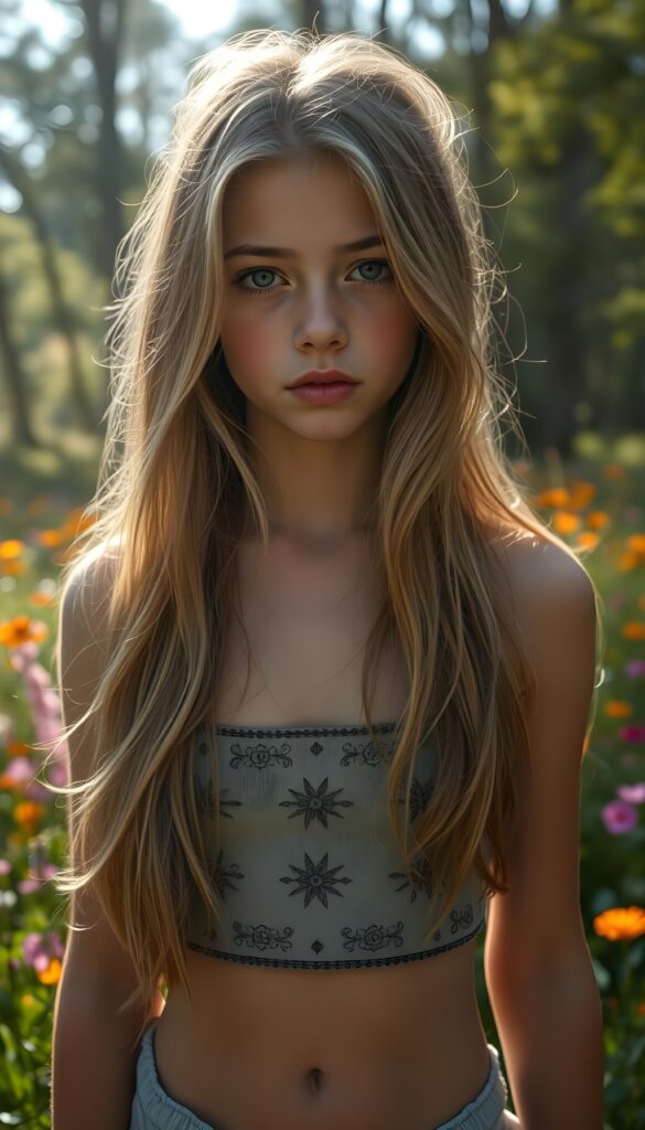 A young adult girl with flowing, silky golden hair stands at the edge of an enchanted forest, her eyes sparkling like sapphires under the gentle glow of the sun. She wears a short cropped tank top adorned with intricate floral patterns. The vibrant meadow behind her is alive with vivid wildflowers, and the sunlight creates a dappled effect through the trees. The atmosphere is magical, with a sense of whimsy and innocence. You can see her cute belly button.