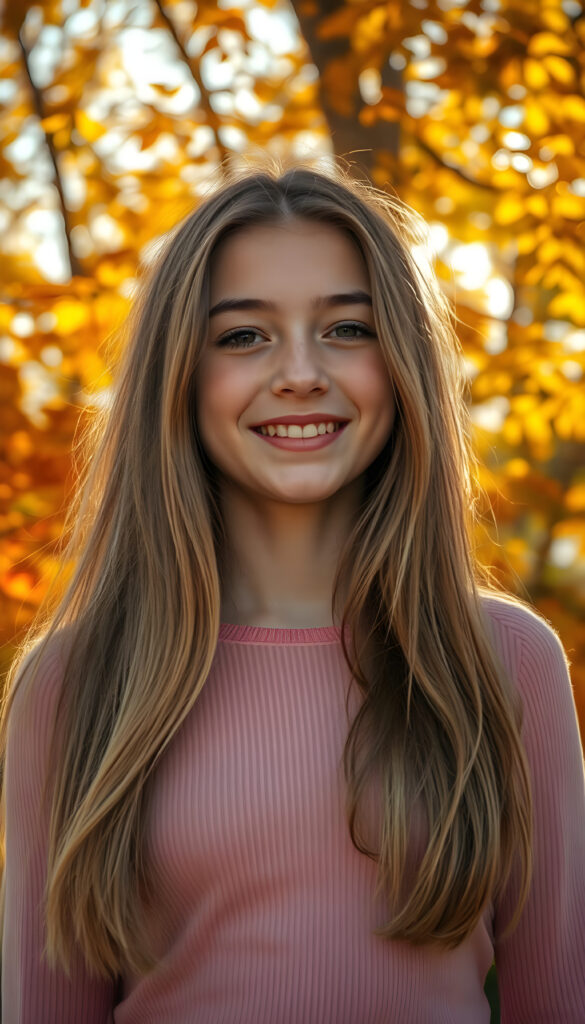 A young adult girl with a radiant smile, standing against a backdrop of vibrant autumn trees, her golden hair cascading like a waterfall, wearing a thin tight pink plain chiffon sweater, with intricate details on her face and a serene expression, as sunlight filters through the leaves, casting a warm, golden glow.
