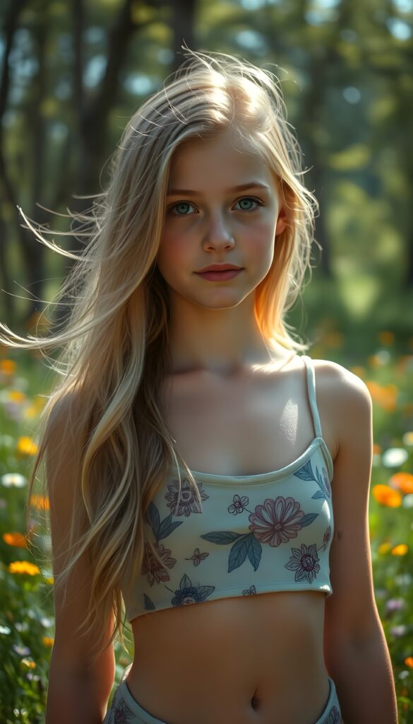 A young adult girl with flowing, silky golden hair stands at the edge of an enchanted forest, her eyes sparkling like sapphires under the gentle glow of the sun. She wears a short cropped tank top adorned with intricate floral patterns. The vibrant meadow behind her is alive with vivid wildflowers, and the sunlight creates a dappled effect through the trees. The atmosphere is magical, with a sense of whimsy and innocence. You can see her cute belly button.