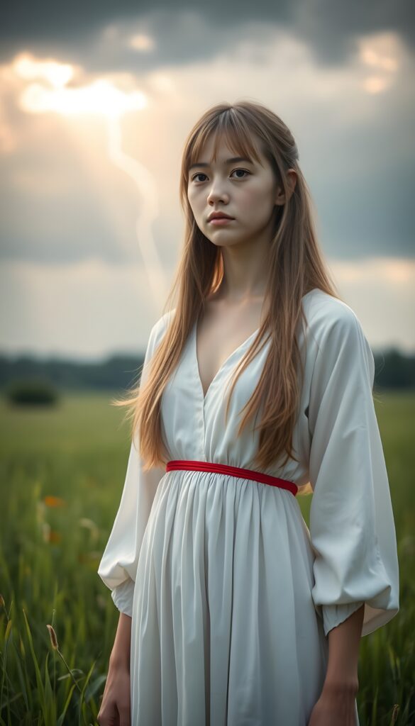 A young adult girl with golden, straight, long open hair wears a simple white plain long dress with a red ribbon around her waist as she stands in a green meadow. A thunderstorm is brewing in the background. Sunbeams break through the clouds.