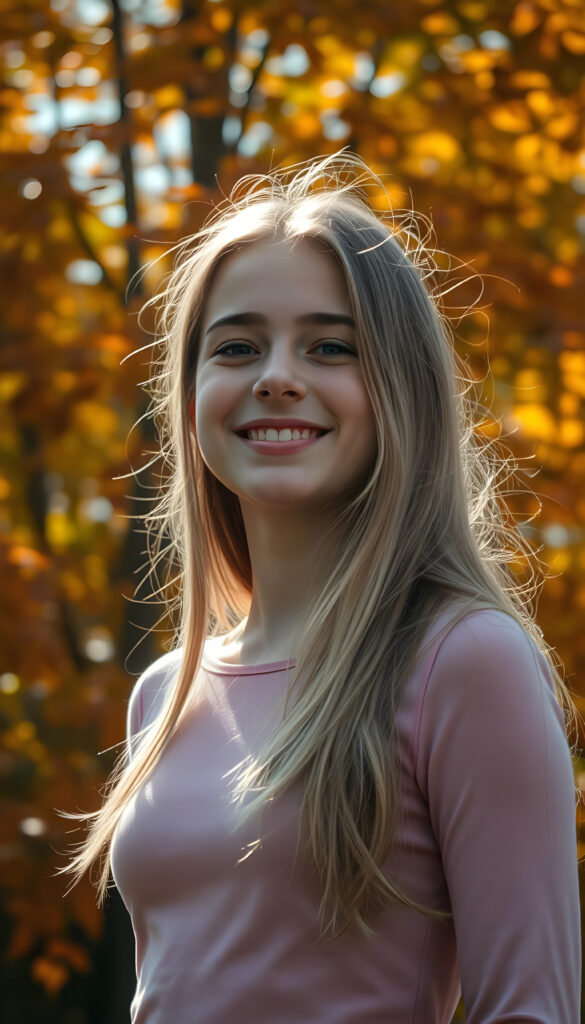 A young adult girl with a radiant smile, standing against a backdrop of vibrant autumn trees, her golden hair cascading like a waterfall, wearing a thin tight pink plain chiffon sweater, with intricate details on her face and a serene expression, as sunlight filters through the leaves, casting a warm, golden glow.