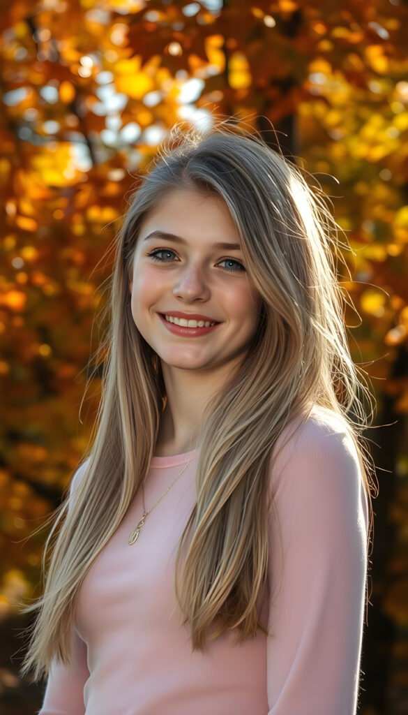 A young adult girl with a radiant smile, standing against a backdrop of vibrant autumn trees, her golden hair cascading like a waterfall, wearing a thin tight pink plain chiffon sweater, with intricate details on her face and a serene expression, as sunlight filters through the leaves, casting a warm, golden glow.