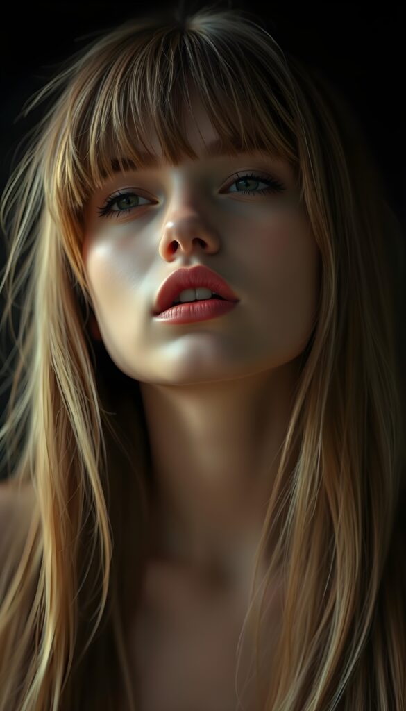 A lucky girl; her gaze into the camera very happy. She has long, silky blond hair and brown highlights that falls gently over her shoulders, bangs. Dark backdrop. Realistic. 4K. HDR. She has full kissable red lips. Seductive look. Flawless skin. Big round amber eyes.