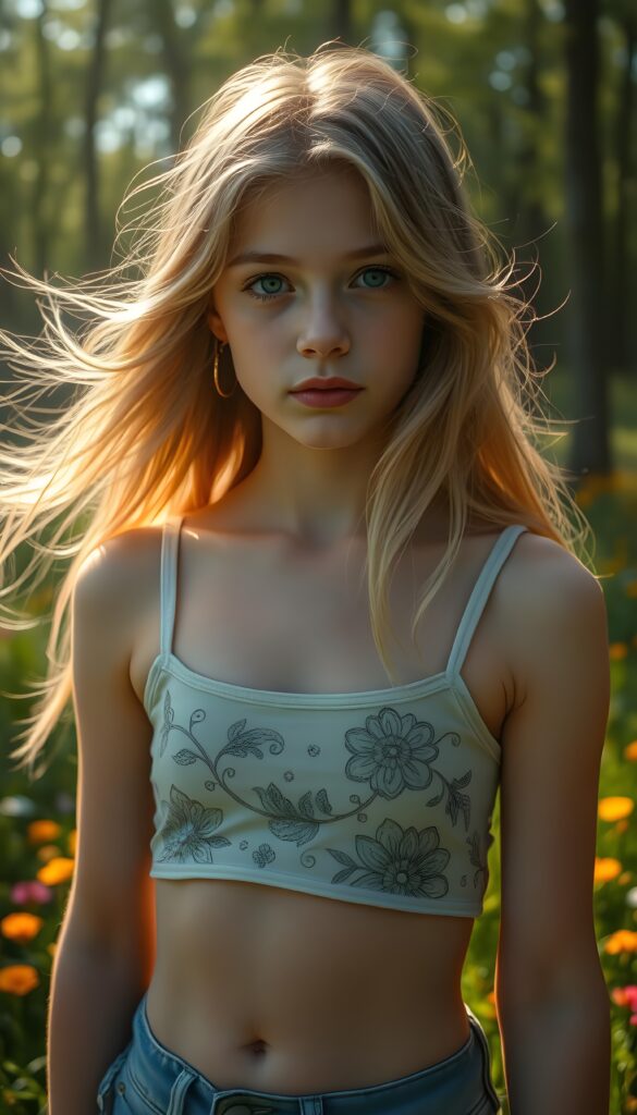 A young adult girl with flowing, silky golden hair stands at the edge of an enchanted forest, her eyes sparkling like sapphires under the gentle glow of the sun. She wears a short cropped tank top adorned with intricate floral patterns. The vibrant meadow behind her is alive with vivid wildflowers, and the sunlight creates a dappled effect through the trees. The atmosphere is magical, with a sense of whimsy and innocence. You can see her cute belly button.