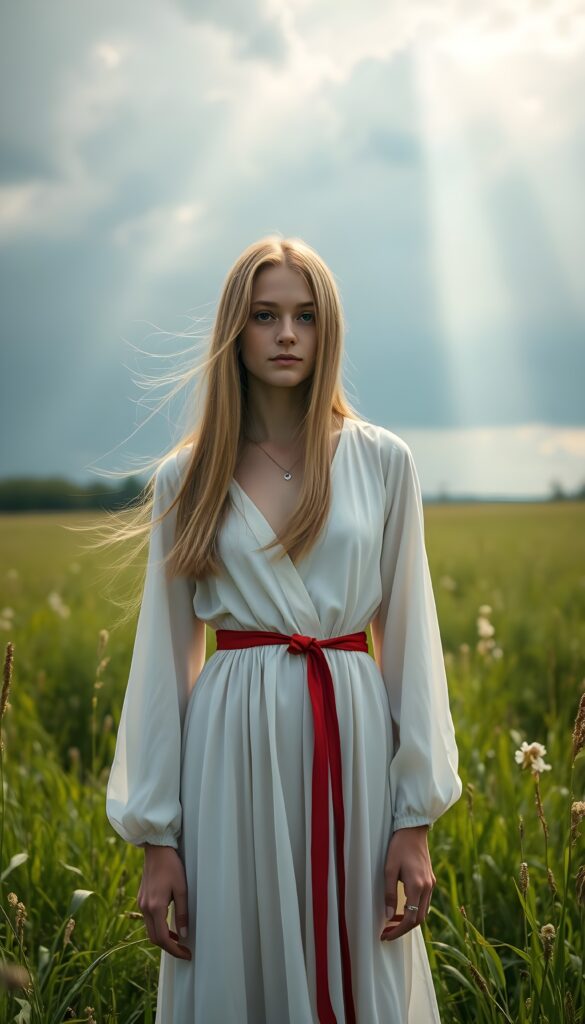 A young adult girl with golden, straight, long open hair wears a simple white plain long dress with a red ribbon around her waist as she stands in a green meadow. A thunderstorm is brewing in the background. Sunbeams break through the clouds.
