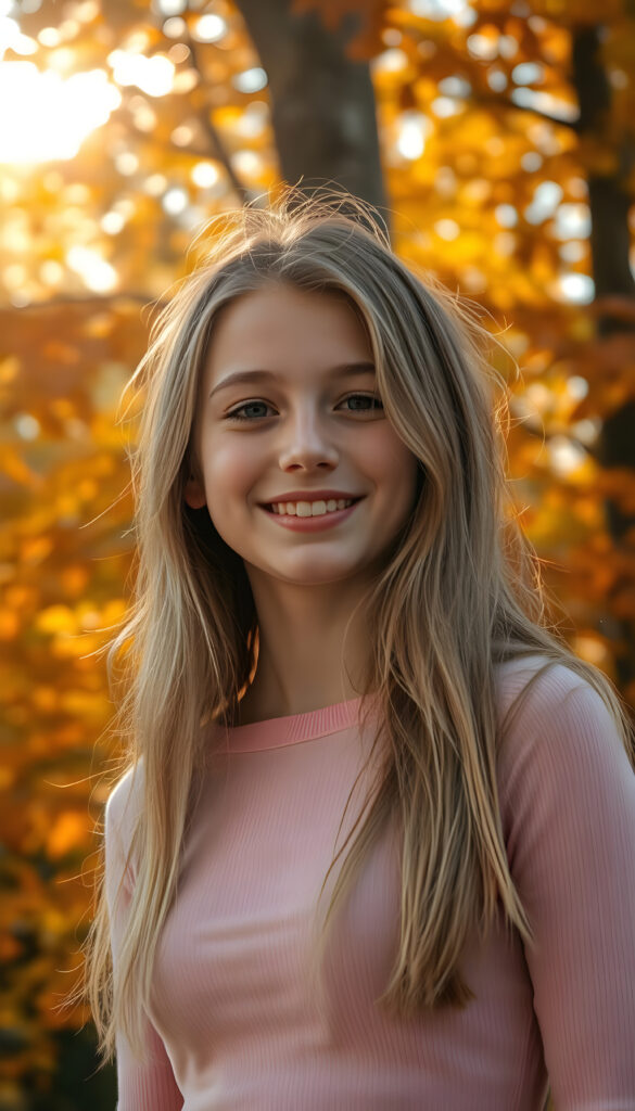 A young adult girl with a radiant smile, standing against a backdrop of vibrant autumn trees, her golden hair cascading like a waterfall, wearing a thin tight pink plain chiffon sweater, with intricate details on her face and a serene expression, as sunlight filters through the leaves, casting a warm, golden glow.