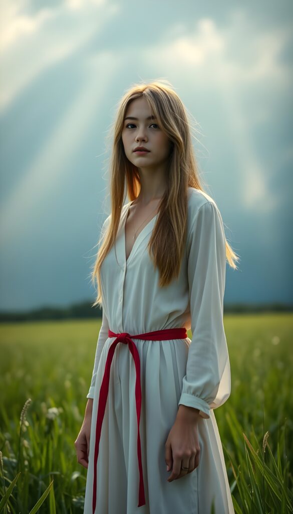 A young adult girl with golden, straight, long open hair wears a simple white plain long dress with a red ribbon around her waist as she stands in a green meadow. A thunderstorm is brewing in the background. Sunbeams break through the clouds.