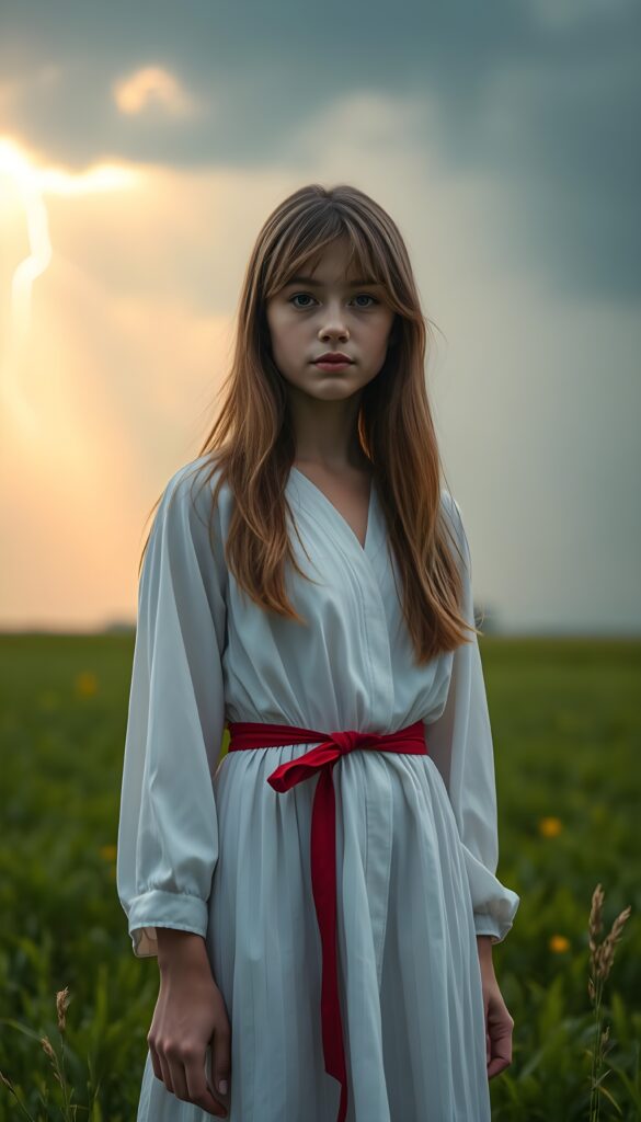 A young adult girl with golden, straight, long open hair wears a simple white plain long dress with a red ribbon around her waist as she stands in a green meadow. A thunderstorm is brewing in the background. Sunbeams break through the clouds.