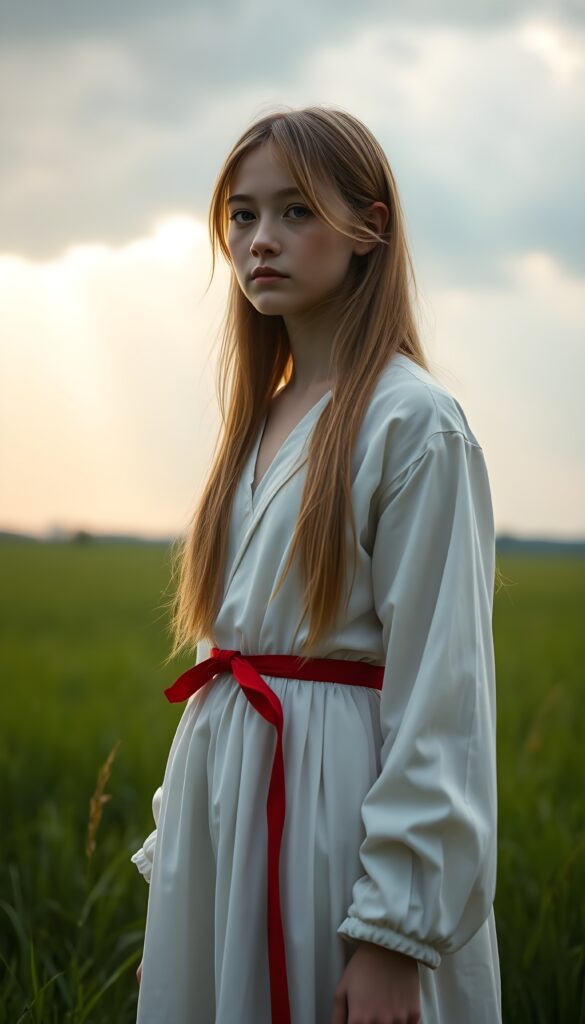 A young adult girl with golden, straight, long open hair wears a simple white plain long dress with a red ribbon around her waist as she stands in a green meadow. A thunderstorm is brewing in the background. Sunbeams break through the clouds.