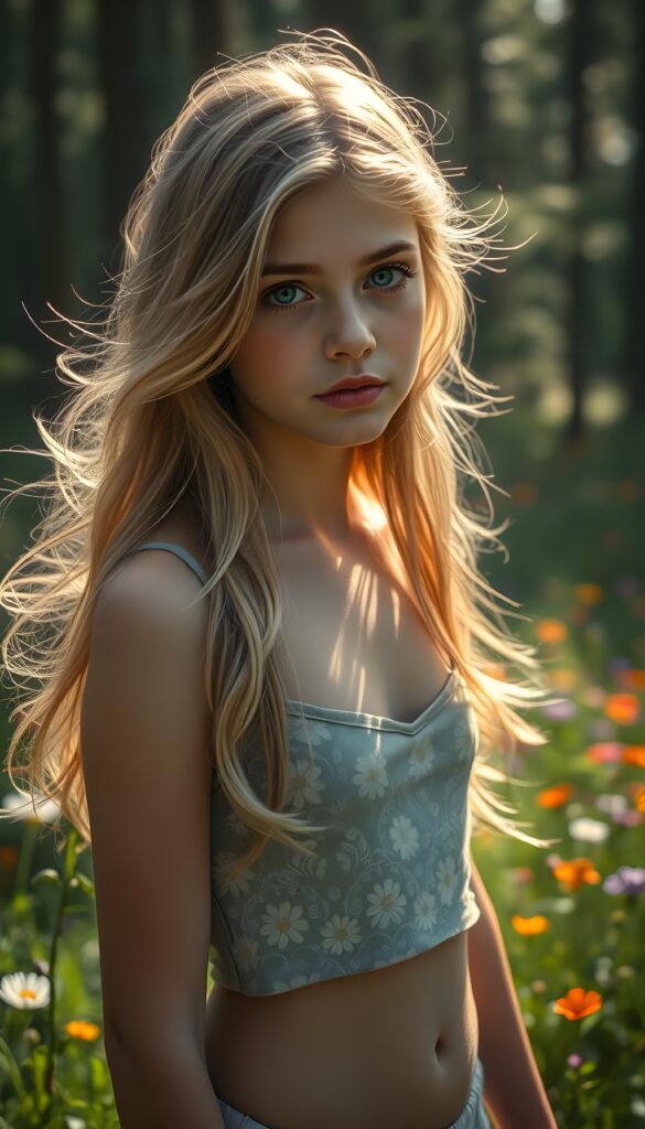 A young adult girl with flowing, silky golden hair stands at the edge of an enchanted forest, her eyes sparkling like sapphires under the gentle glow of the sun. She wears a short cropped tank top adorned with intricate floral patterns. The vibrant meadow behind her is alive with vivid wildflowers, and the sunlight creates a dappled effect through the trees. The atmosphere is magical, with a sense of whimsy and innocence. You can see her cute belly button.