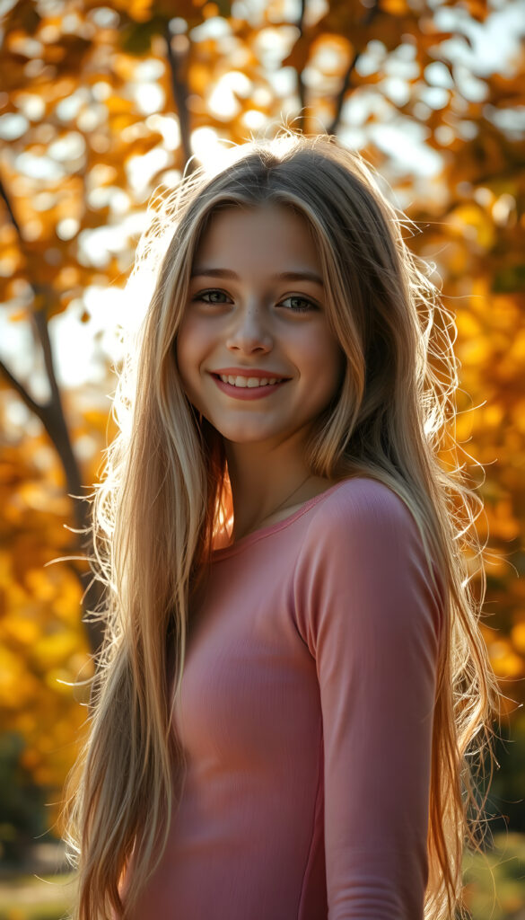 A young adult girl with a radiant smile, standing against a backdrop of vibrant autumn trees, her golden hair cascading like a waterfall, wearing a thin tight pink plain chiffon sweater, with intricate details on her face and a serene expression, as sunlight filters through the leaves, casting a warm, golden glow.