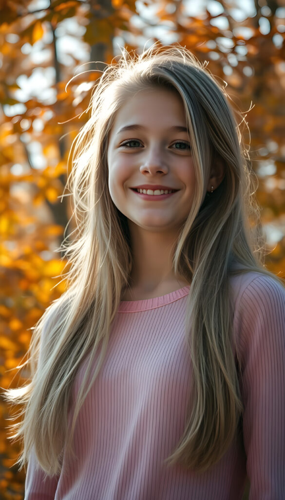A young adult girl with a radiant smile, standing against a backdrop of vibrant autumn trees, her golden hair cascading like a waterfall, wearing a thin tight pink plain chiffon sweater, with intricate details on her face and a serene expression, as sunlight filters through the leaves, casting a warm, golden glow.
