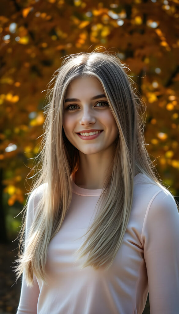 A young adult well busty girl with a radiant smile, standing against a backdrop of vibrant autumn trees, her blond straight hair cascading like a waterfall brown highlights, wearing a thin tight pink plain chiffon sweater, with intricate details on her face and a serene expression, as sunlight filters through the leaves, casting a warm, golden glow.