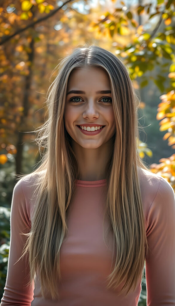 A young adult well busty girl with a radiant smile, standing against a backdrop of vibrant autumn trees, her blond straight hair cascading like a waterfall brown highlights, wearing a thin tight pink plain chiffon sweater, with intricate details on her face and a serene expression, as sunlight filters through the leaves, casting a warm, golden glow.
