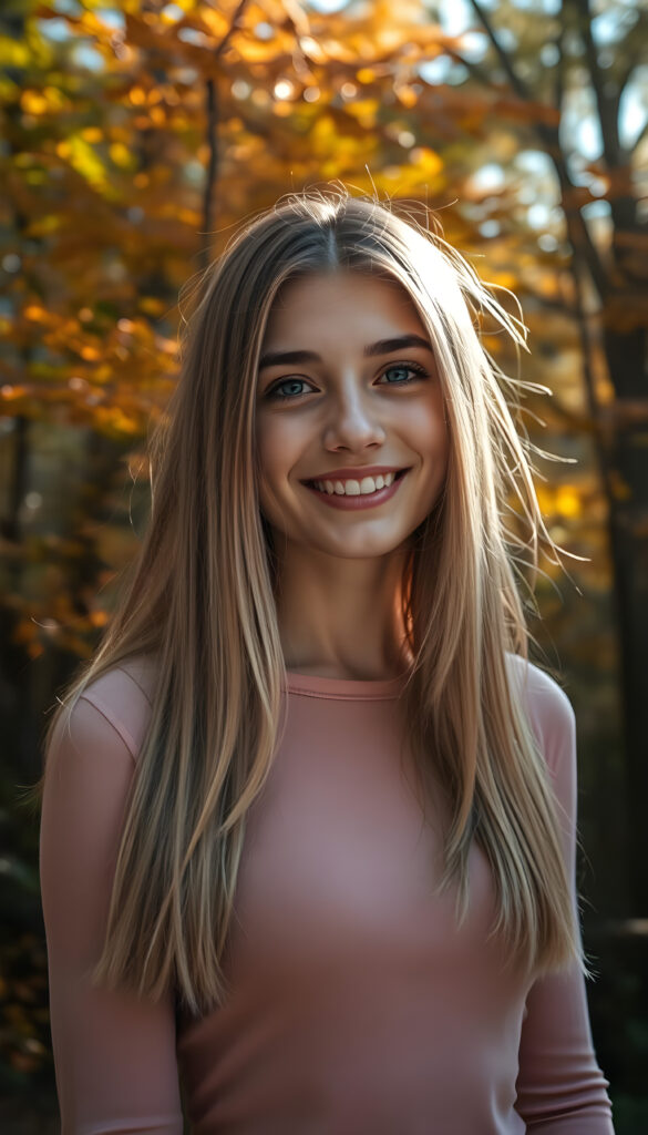 A young adult well busty girl with a radiant smile, standing against a backdrop of vibrant autumn trees, her blond straight hair cascading like a waterfall brown highlights, wearing a thin tight pink plain chiffon sweater, with intricate details on her face and a serene expression, as sunlight filters through the leaves, casting a warm, golden glow.
