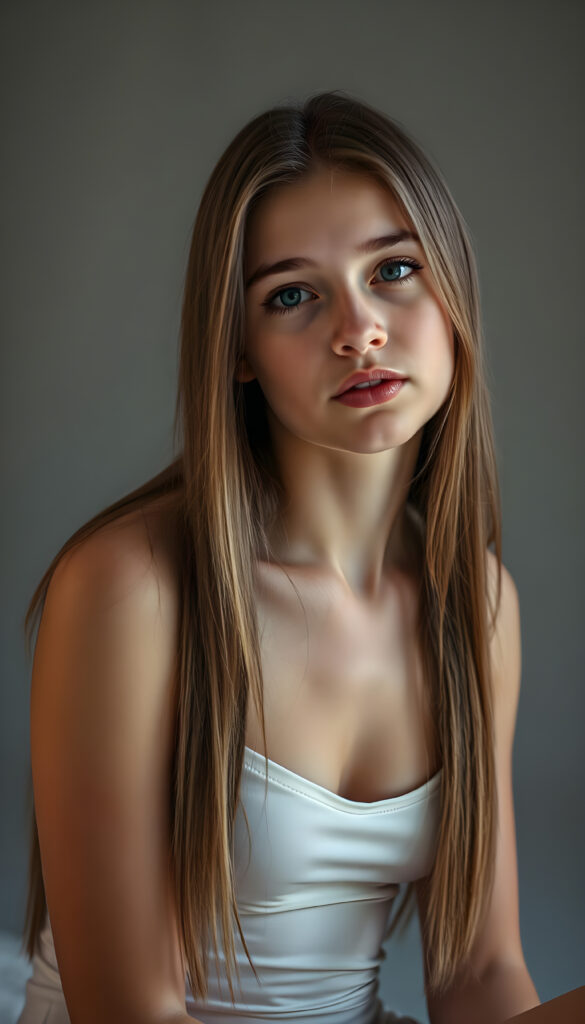 A young adult well busty girl, perfect female body, with long, straight, silky hair sits in a softly lit studio, her innocence radiating in her wide, curious blue shiny eyes. She is dressed in a white thin undershirt, low v-neck. The background is a gradient of soft greys and muted tones, giving a timeless feel. Her posture is relaxed yet poised, her hands gently resting on her lap. The lighting is soft and warm, casting gentle shadows that enhance her delicate features. The atmosphere is serene and contemplative, with a hint of dreaminess.