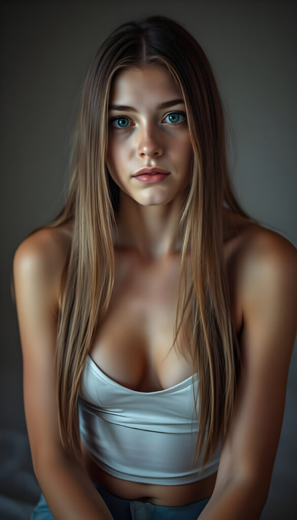 A young adult well busty girl, perfect female body, with long, straight, silky hair sits in a softly lit studio, her innocence radiating in her wide, curious blue shiny eyes. She is dressed in a white thin undershirt, low v-neck. The background is a gradient of soft greys and muted tones, giving a timeless feel. Her posture is relaxed yet poised, her hands gently resting on her lap. The lighting is soft and warm, casting gentle shadows that enhance her delicate features. The atmosphere is serene and contemplative, with a hint of dreaminess.